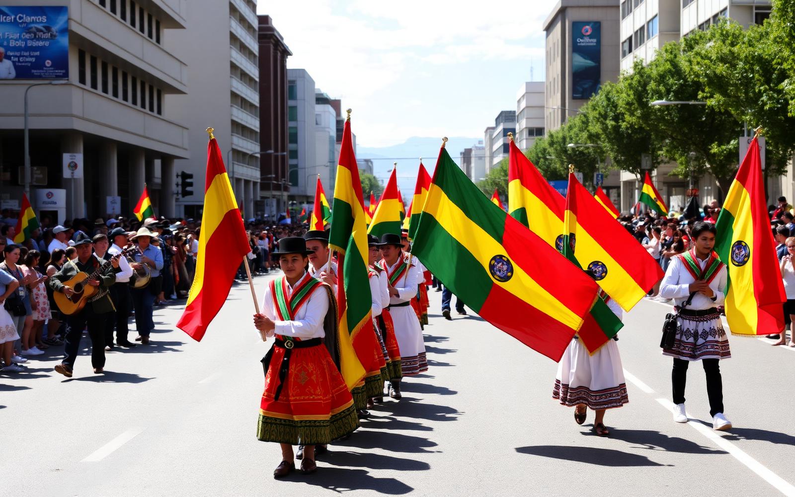 Wiphala y bandera boliviana ondeando frente al Palacio Quemado en La Paz durante el Mes Patrio
