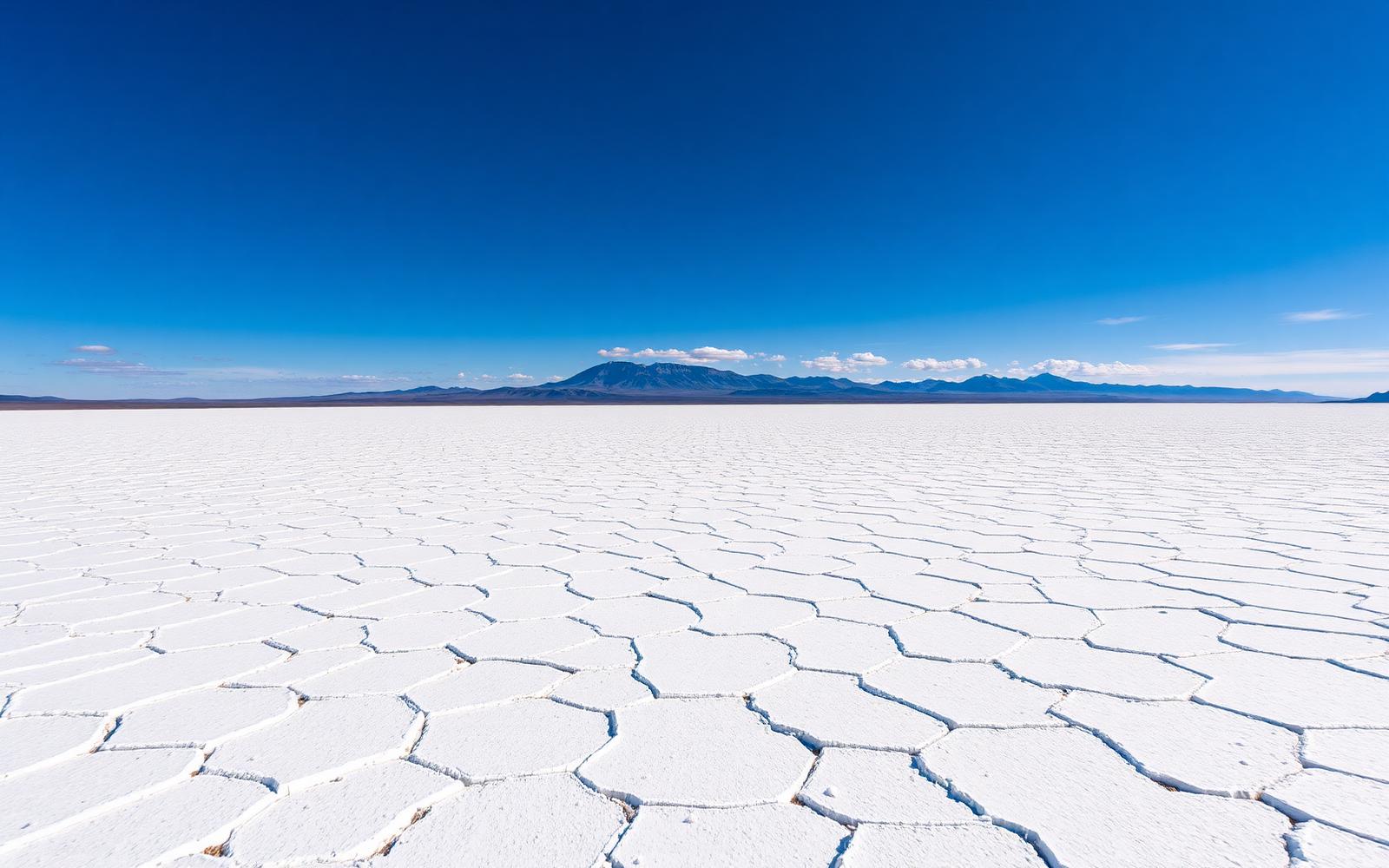 Vehículo 4x4 premium sobre el patrón hexagonal seco del Salar de Uyuni con cordillera nevada de fondo en pleno invierno andino