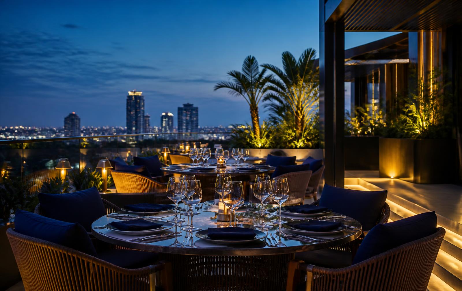 Terraza premium de restaurante en Villa Morra, Asunción, Paraguay, con iluminación cálida y ambiente ejecutivo al atardecer.
